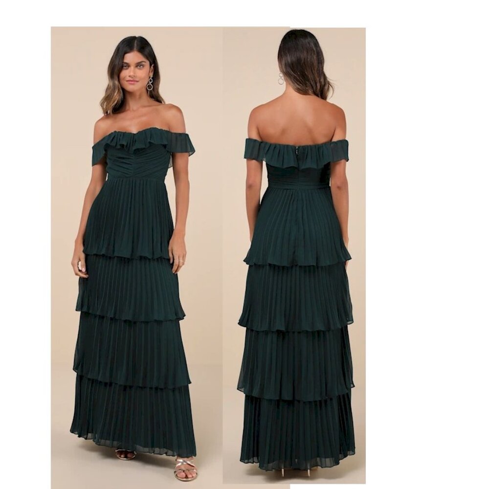 Lulu's Emerald Off-Shoulder Tiered Maxi Dress